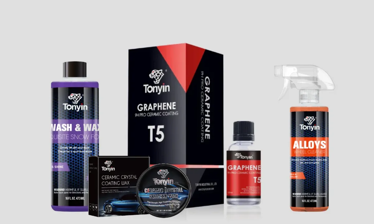Productos Tonyin de car detailing: champú Wash & Wax, coating cerámico Graphene 9H Pro, cera Ceramic Crystal y limpiador de llantas Alloys